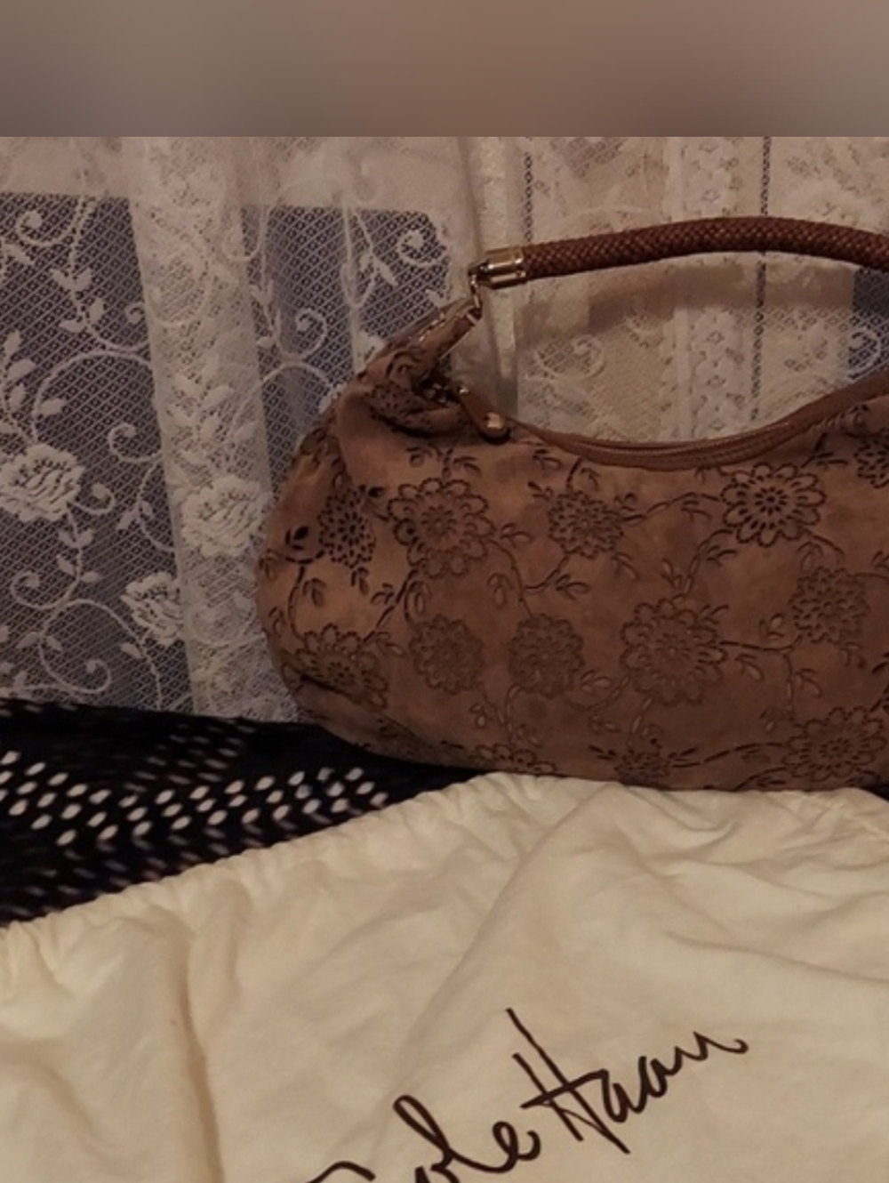 COLE HAAN H06 Collection Brown Suede Lazer Preforated Floral Motif Hobo Bag - Picture 14 of 14